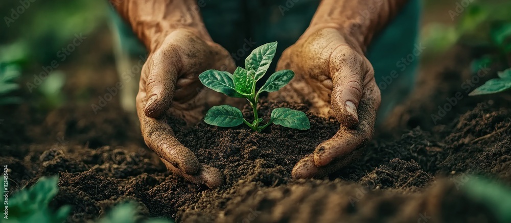 Close-up of a farmer's hands planting a small sapling in rich, dark soil, surrounded by other plants in a field. Close-up of a farmer's hands planting a small sapling in rich, dark soil, surrounded by other plants in a field.