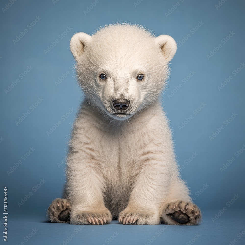Fototapeta premium Adorable Polar Bear Cub Sitting Gracefully on Light Blue Background