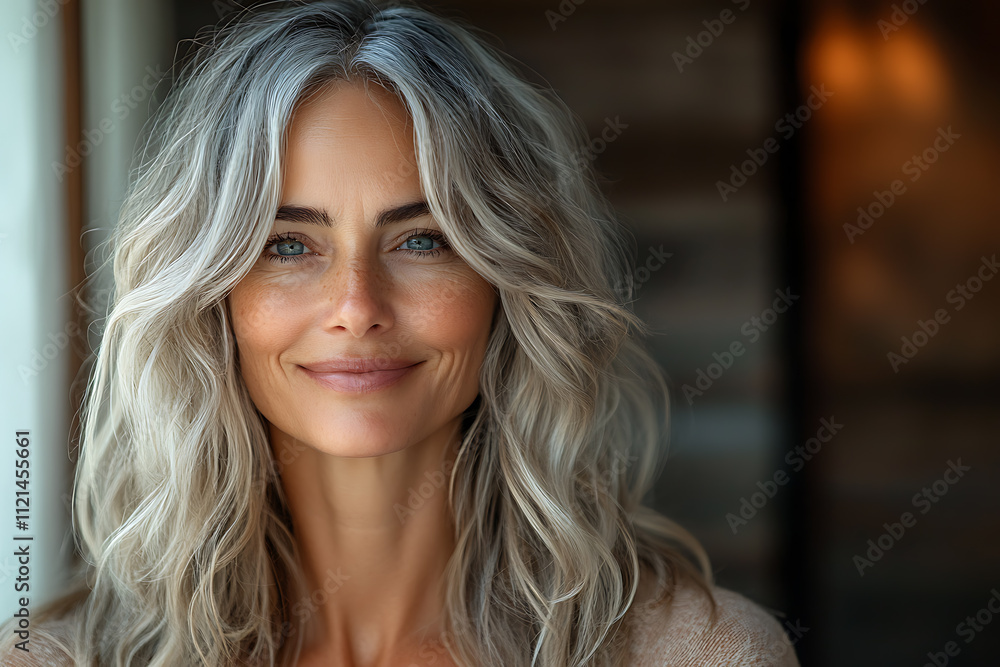 Beautiful middle-aged woman with gray hair, smiling while combing her hair in front of a mirror, embracing natural beauty and self-care.
Beautiful middle-aged woman with gray hair, smiling while combing her hair in front of a mirror, embracing natural beauty and self-care.