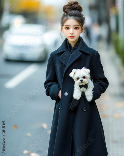 Cute japanese girl walking in a coat in the street with a bichon maltese dog with a bow tie in her arms