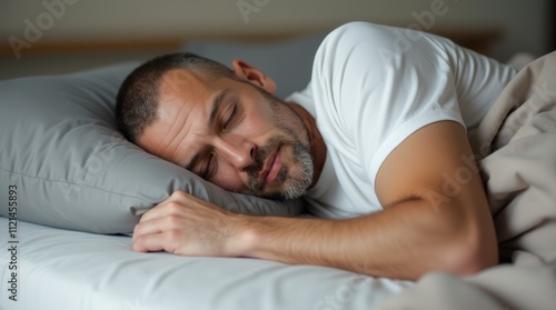 Peaceful Man Resting on Soft Gray Pillow With Calming White Bedding