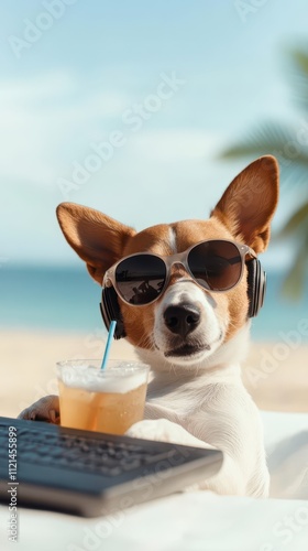 Dog relaxes on beach lounger while enjoying a tropical drink in sunny weather