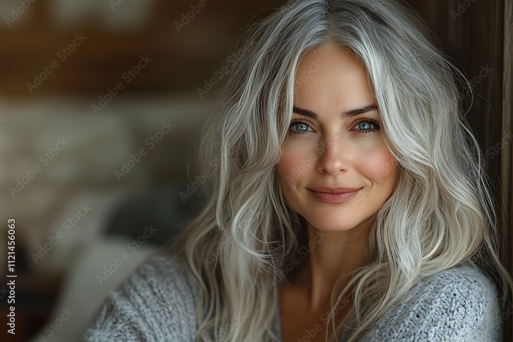 Beautiful middle-aged woman with gray hair, smiling while combing her hair in front of a mirror, embracing natural beauty and self-care.
Beautiful middle-aged woman with gray hair, smiling while combing her hair in front of a mirror, embracing natural beauty and self-care.
