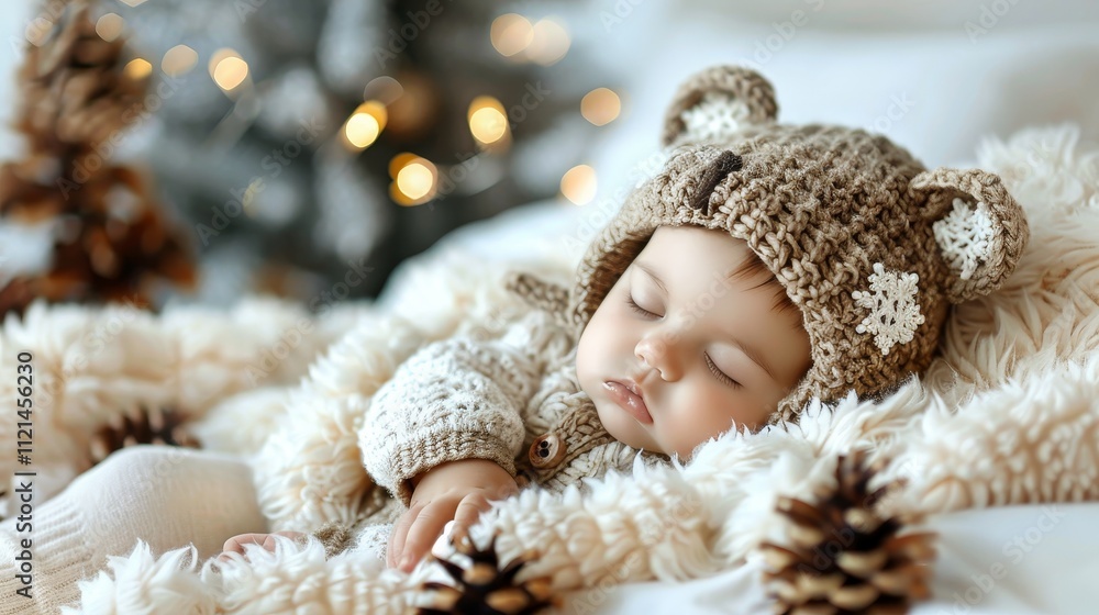 Adorable newborn baby in bear themed outfit sleeps on soft white fur with rustic pine cone accents Adorable newborn baby in bear themed outfit sleeps on soft white fur with rustic pine cone accents