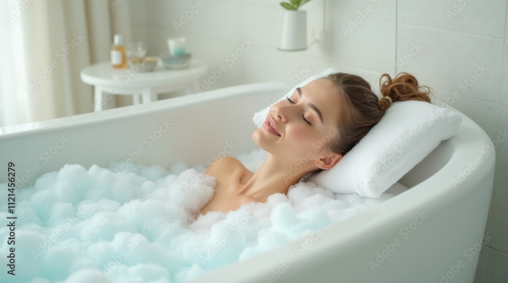 Relaxing Bubble Bath Experience in a Serene White-Blue Bathroom Setting Relaxing Bubble Bath Experience in a Serene White-Blue Bathroom Setting