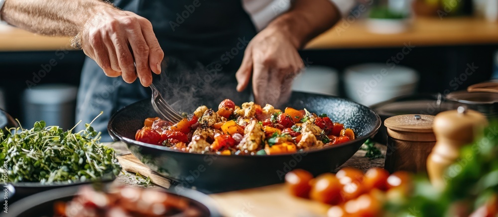 Chef cooking a delicious meal in a frying pan with tomatoes, peppers, and herbs. Chef cooking a delicious meal in a frying pan with tomatoes, peppers, and herbs.
