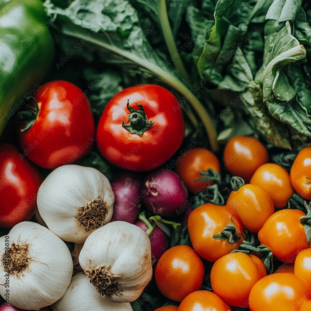 Fresh variety of colorful vegetables: tomatoes, garlic, bell peppers, spinach Fresh variety of colorful vegetables: tomatoes, garlic, bell peppers, spinach
