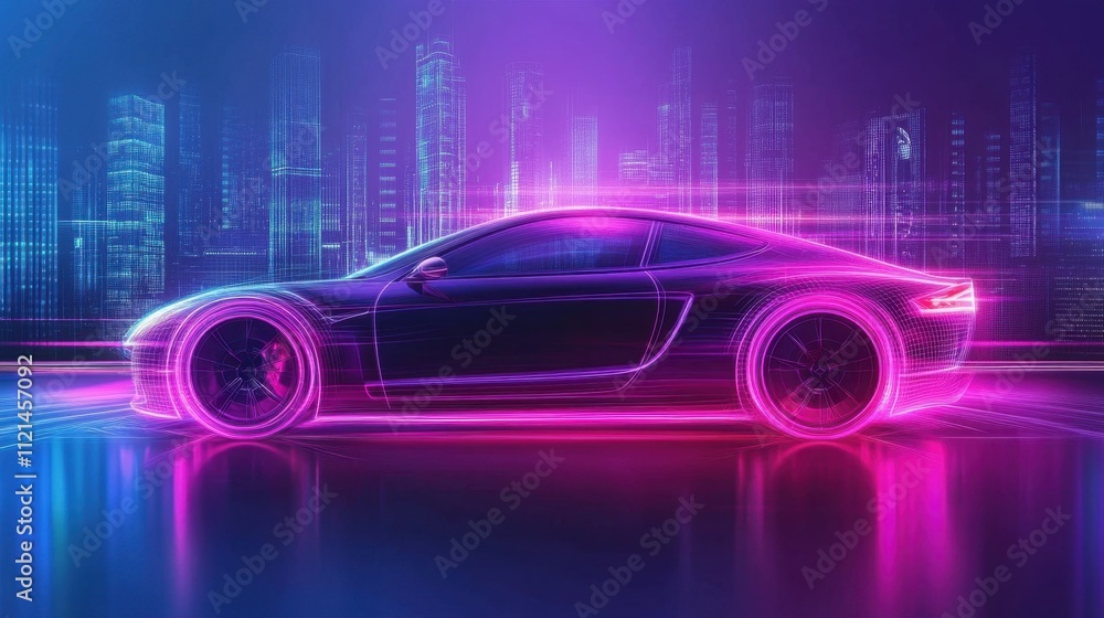 Dynamic motion of a neon sports car with glowing trails and a futuristic city background Dynamic motion of a neon sports car with glowing trails and a futuristic city background