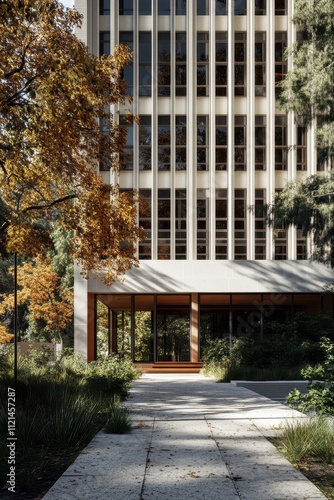 Autumn Cityscape: Glass Facade Building Surrounded by Vibrant Fall Foliage