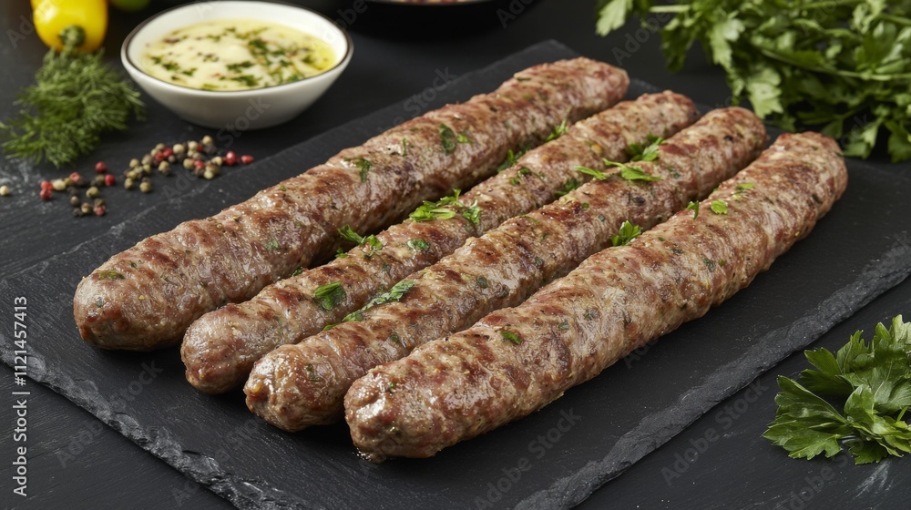 Grilled Sausages on Slate Plate with Spices and Herbs Garnish Grilled Sausages on Slate Plate with Spices and Herbs Garnish