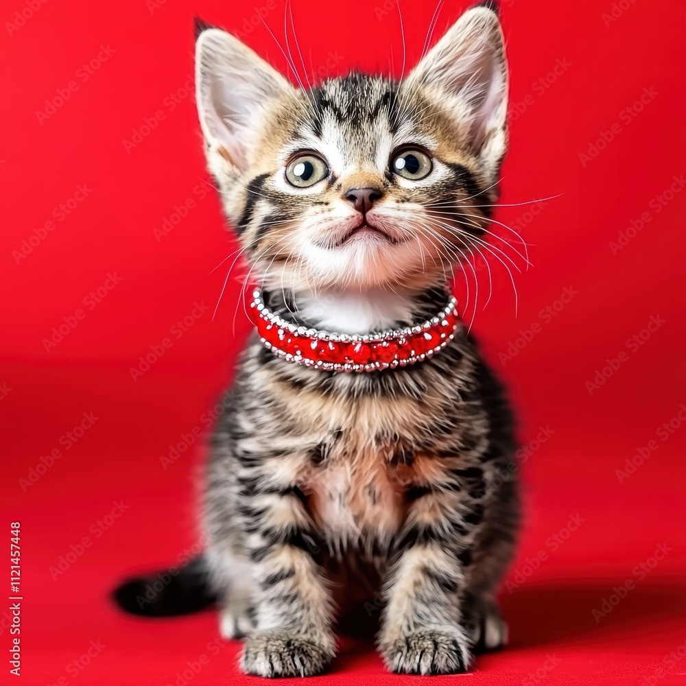 Adorable Tabby Kitten Wearing Red Beaded Collar Against Bright Background Adorable Tabby Kitten Wearing Red Beaded Collar Against Bright Background