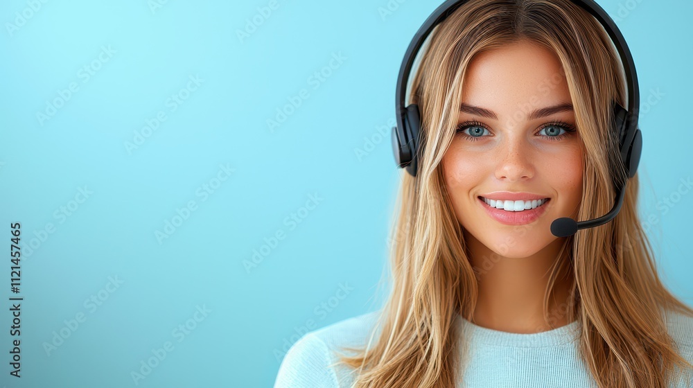 Young woman smiling while wearing a headset in a light blue professional setting Young woman smiling while wearing a headset in a light blue professional setting