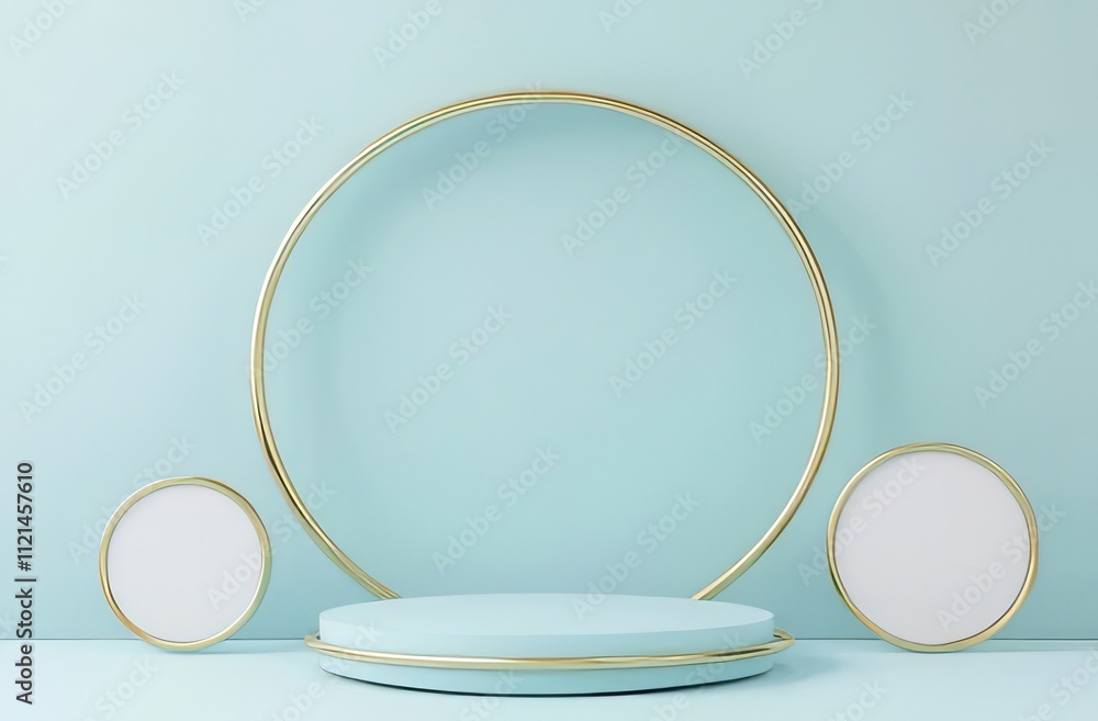 Pastel blue podium with gold rings, minimalist product display. Pastel blue podium with gold rings, minimalist product display.