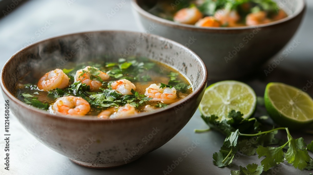 Fresh Shrimp Soup with Herbs and Lime in Rustic Bowl Presentation Fresh Shrimp Soup with Herbs and Lime in Rustic Bowl Presentation