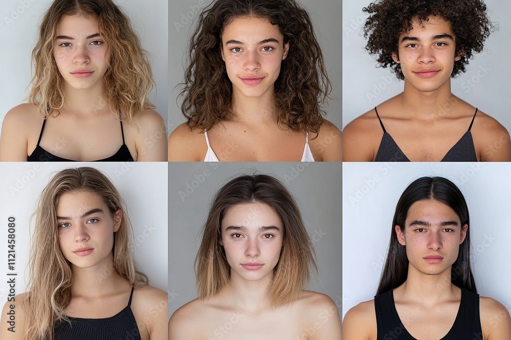 Diverse group of young models showcasing unique hairstyles and expressions in a studio setting Diverse group of young models showcasing unique hairstyles and expressions in a studio setting