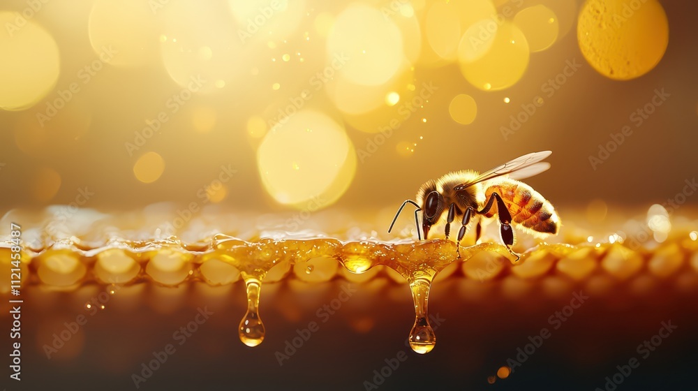 Macro shot captures bee collecting nectar from honeycomb in golden sunlight Macro shot captures bee collecting nectar from honeycomb in golden sunlight