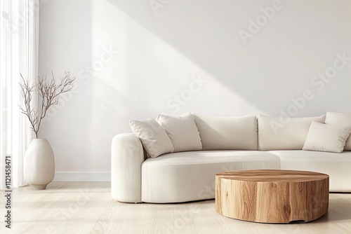 Cozy living room featuring a light-colored sofa and a wooden coffee table beside a decorative vase