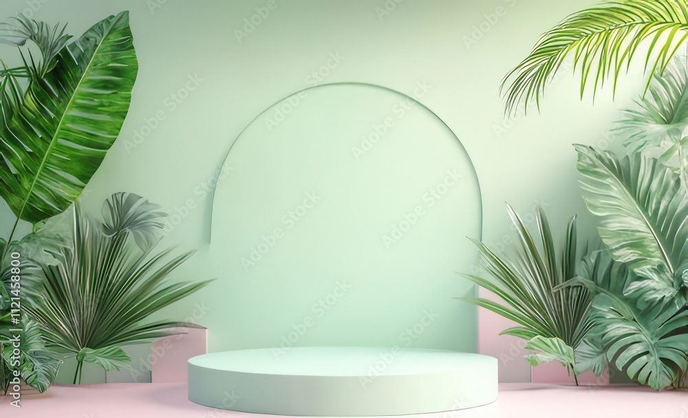 Pastel green podium surrounded by lush tropical plants on pink floor. Pastel green podium surrounded by lush tropical plants on pink floor.
