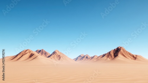 A serene desert landscape with mountains under a clear blue sky.