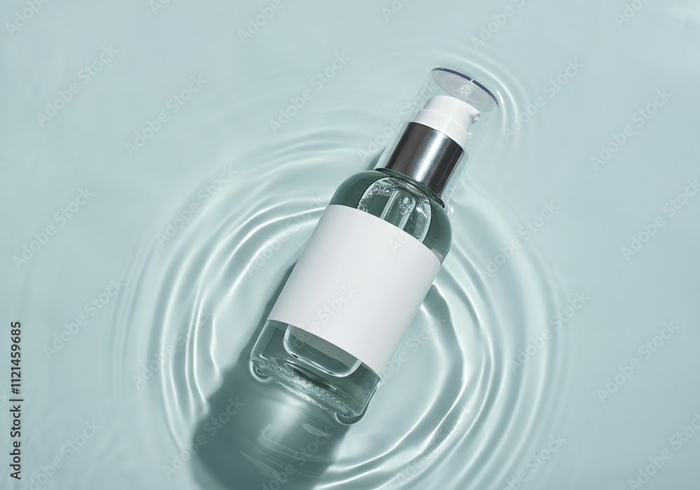 Mockup Glass bottle skincare with blank label on water background Mockup Glass bottle skincare with blank label on water background
