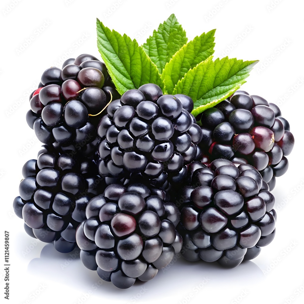 A cluster of blackberries with deep purple-black skin, isolated on a white background, showcasing their rich color and fresh, juicy texture, perfect for healthy snacks and desserts A cluster of blackberries with deep purple-black skin, isolated on a white background, showcasing their rich color and fresh, juicy texture, perfect for healthy snacks and desserts
