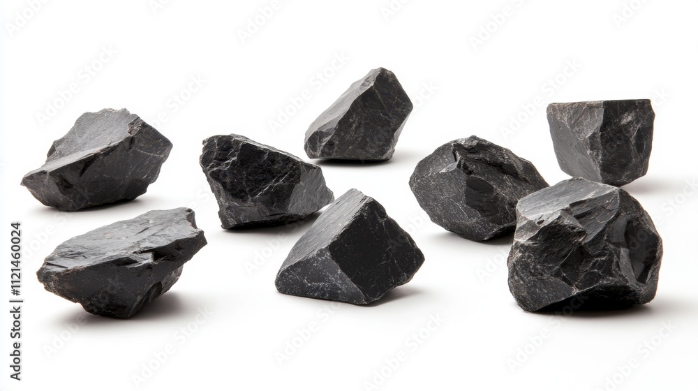 Floating dark meteorite stones with jagged edges and rough surfaces against a clean white backdrop Floating dark meteorite stones with jagged edges and rough surfaces against a clean white backdrop