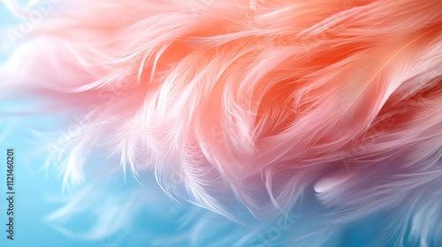 A dreamy and ethereal display of soft pink feathers moving gracefully against a blue background, capturing the essence of delicacy and tranquility. photo