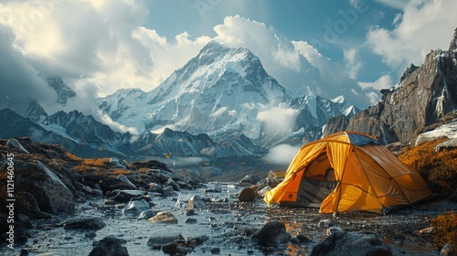 A vibrant orange camping tent nestled by a shimmering stream, surrounded by breathtaking mountains and lush foliage. photo