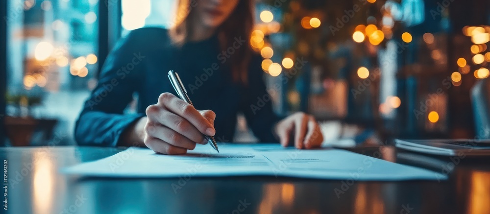 Close up of a woman's hand signing a document at a desk. Close up of a woman's hand signing a document at a desk.