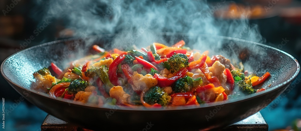 A steaming wok full of colorful vegetables and meat. A steaming wok full of colorful vegetables and meat.