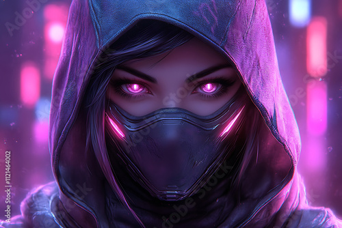 A bold illustration of a mysterious female ninja head designed as a gaming mascot, set against a striking e-sport background wallpaper.
 photo