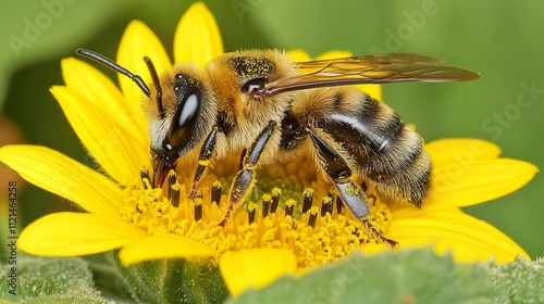 Close-up of a bee pollinating a bright yellow flower. The bee's hairy body is visible, along with its legs and wings.