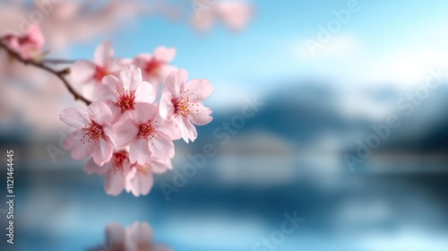 Cherry blossoms in the foreground, tantalizing the senses, with a tranquil lake and blurred mountainous background, evoke feelings of peace and reflection. photo