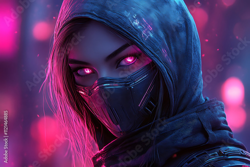 A bold illustration of a mysterious female ninja head designed as a gaming mascot, set against a striking e-sport background wallpaper.
 photo