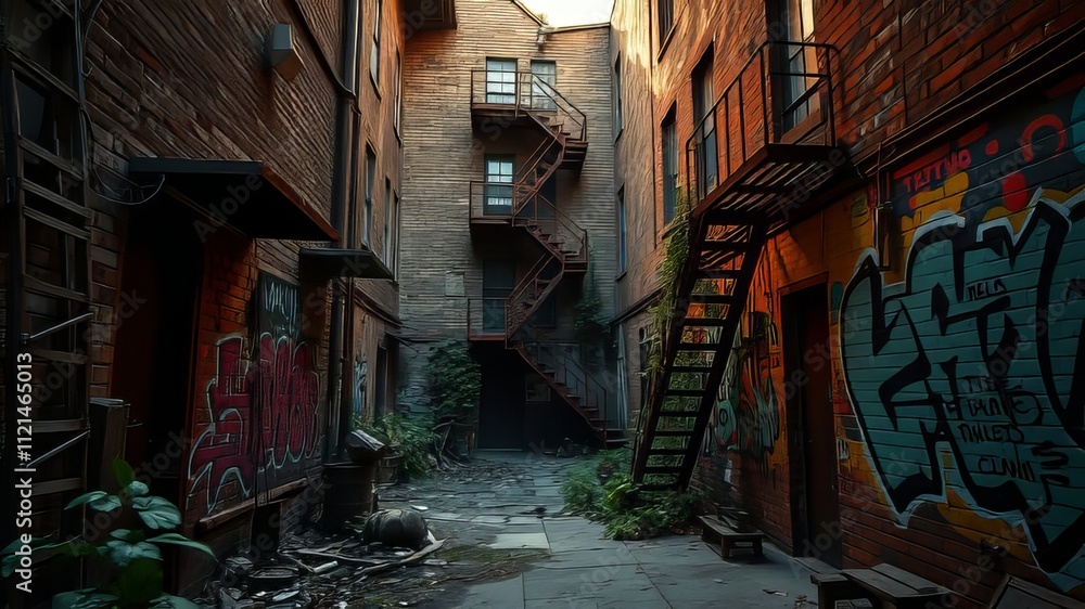 Fototapeta premium Dark Vintage Urban Alley Backyard Graffiti Depth Mood Lighting Atmosphere