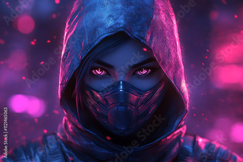 A bold illustration of a mysterious female ninja head designed as a gaming mascot, set against a striking e-sport background wallpaper.
 photo