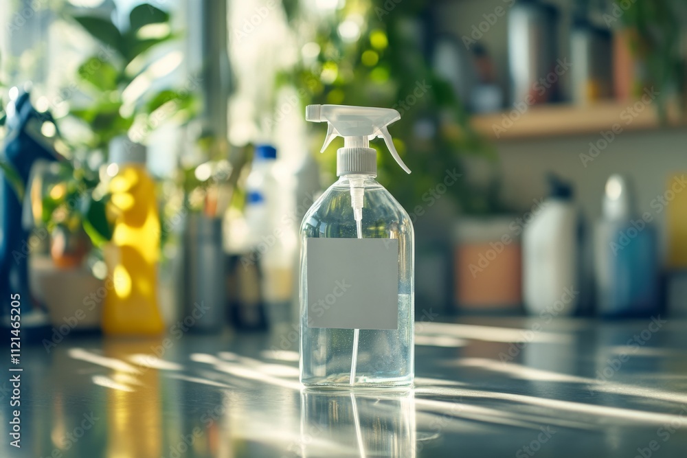 A clear spray bottle with a blank label, illuminated by soft sunlight, sits invitingly amidst a sunlit indoor garden. A clear spray bottle with a blank label, illuminated by soft sunlight, sits invitingly amidst a sunlit indoor garden.
