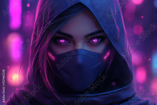 A bold illustration of a mysterious female ninja head designed as a gaming mascot, set against a striking e-sport background wallpaper.
 photo