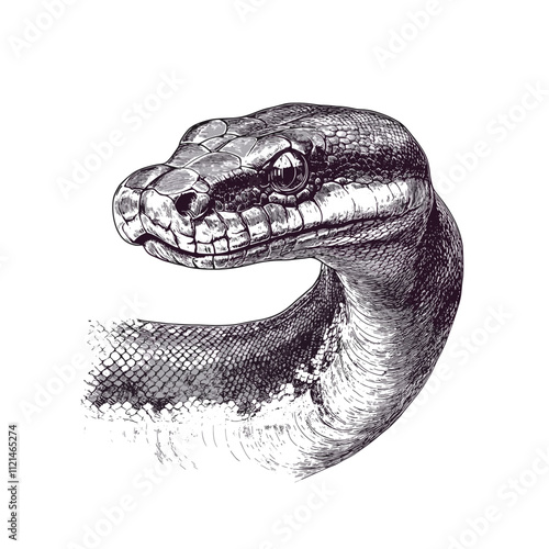 Hand-drawn anaconda in vintage illustration style, black sketch effect, trendy reptile art, wildlife print, white background, old engraving design, nature artwork, snake decor, animal illustration.