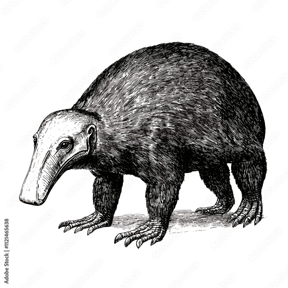 Animal print hand-drawn anteater in old engraving style, black sketch ...