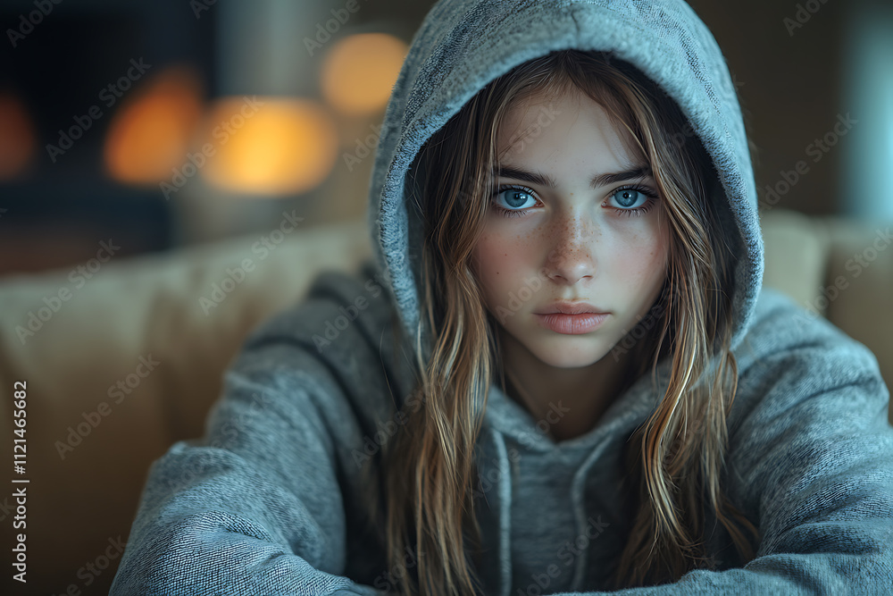 A stubborn teenage girl pulls her hood over her head, avoiding her mom’s apology while sitting on a couch at home.
A stubborn teenage girl pulls her hood over her head, avoiding her mom’s apology while sitting on a couch at home.