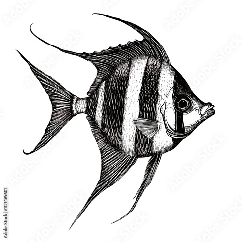 Hand-drawn angelfish vintage art, black sketch effect, aquatic animal illustration, rodent, antique style, wildlife, vector print design, white background, trendy