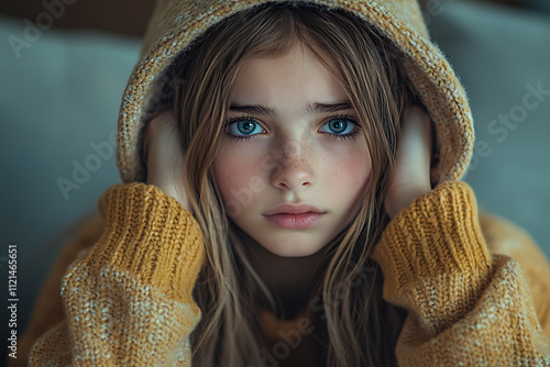 A stubborn teenage girl pulls her hood over her head, avoiding her mom’s apology while sitting on a couch at home.

