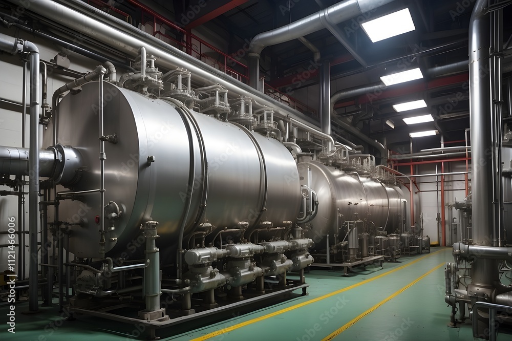 Large metal tanks and pipes are seen within a contemporary industrial boiler room, representing the heat producing sector. Stock image Large metal tanks and pipes are seen within a contemporary industrial boiler room, representing the heat producing sector. Stock image