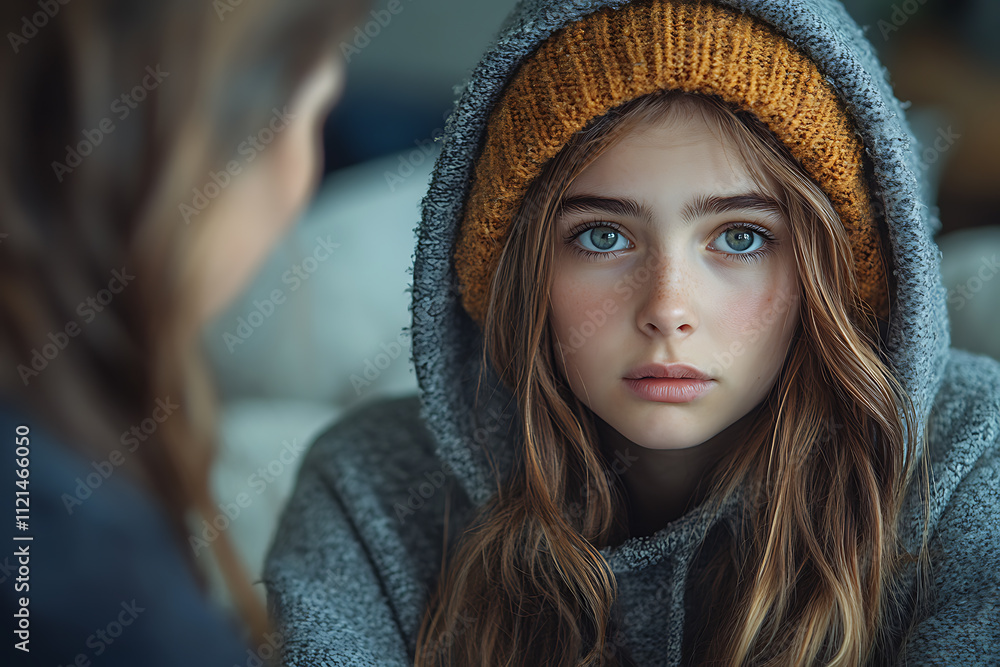 A stubborn teenage girl pulls her hood over her head, avoiding her mom’s apology while sitting on a couch at home.
A stubborn teenage girl pulls her hood over her head, avoiding her mom’s apology while sitting on a couch at home.