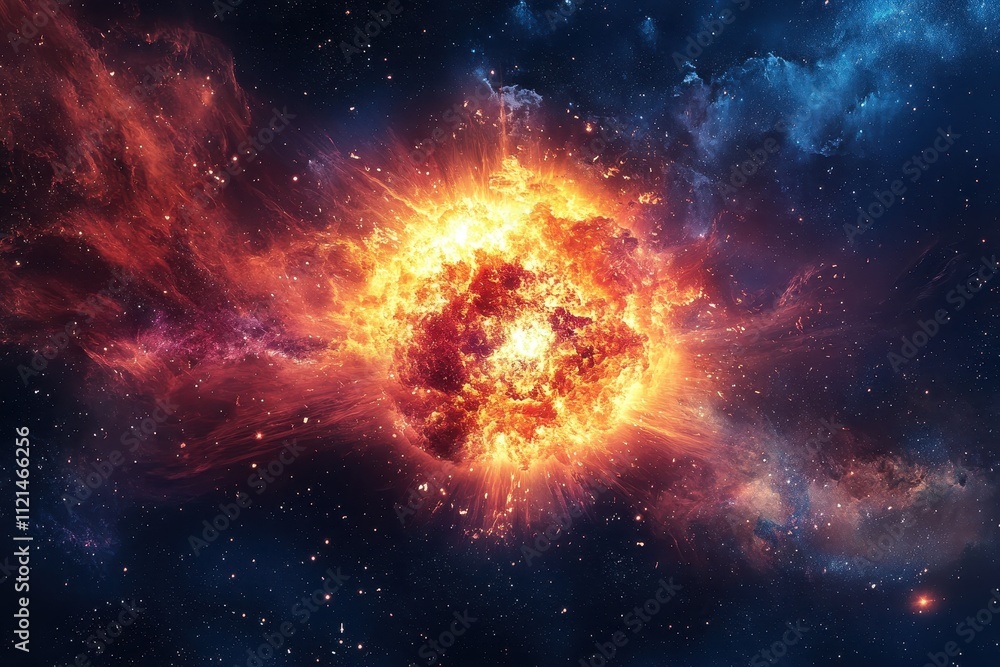 A fiery cosmic explosion in a nebula filled with stars A fiery cosmic explosion in a nebula filled with stars