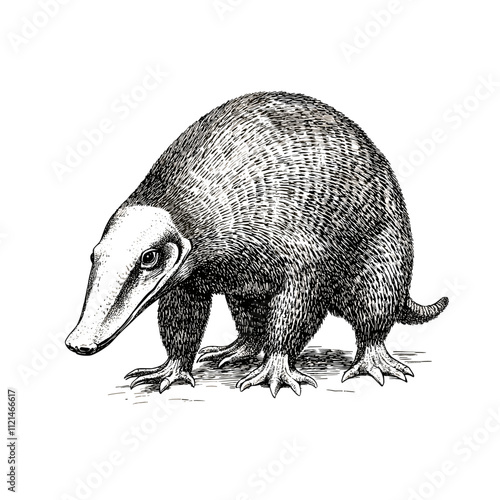 Hand-drawn anteater in old engraving style, black sketch effect, vintage art, trendy illustration, animal print, white background, retro wildlife art, unique animal design.