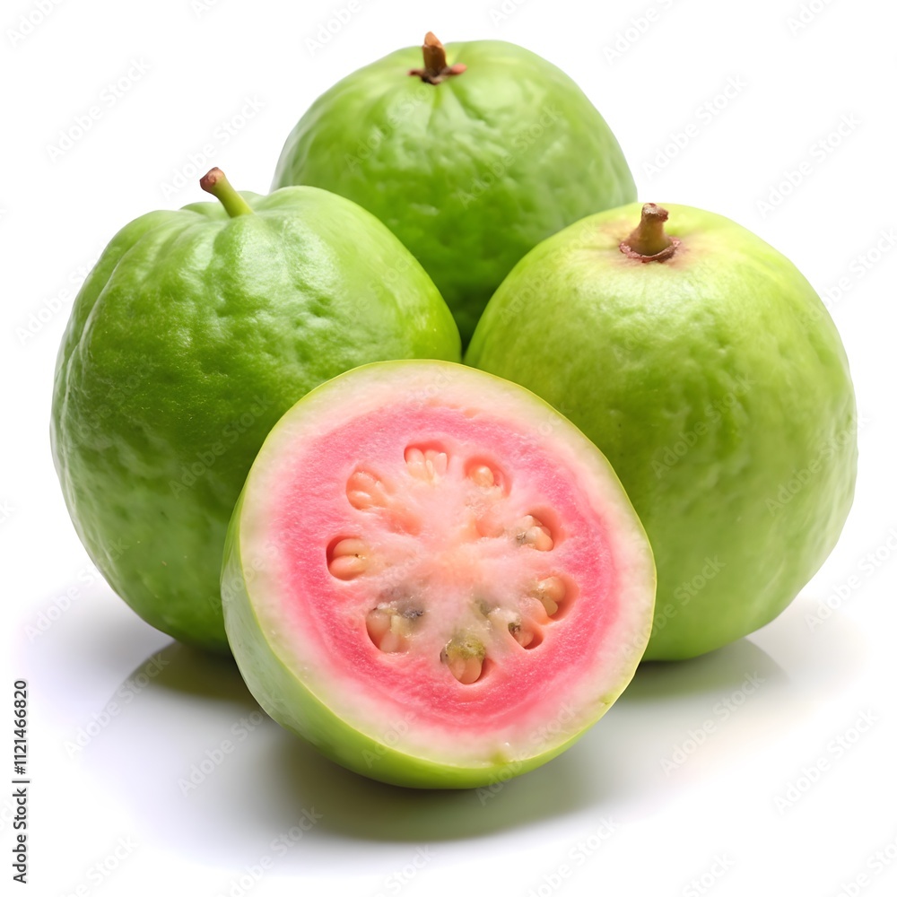 A fresh guava sliced to show the soft pink interior, isolated on a white background, highlighting its vibrant color and juicy texture, perfect for a tropical snack or adding flavor to dishes A fresh guava sliced to show the soft pink interior, isolated on a white background, highlighting its vibrant color and juicy texture, perfect for a tropical snack or adding flavor to dishes