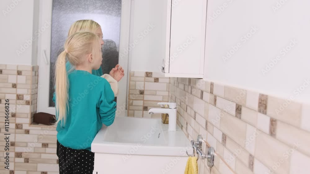 Little girl stand with brother in a bathroom and wipe her hands with a towel, demonstrating good hygiene practices and promoting cleanliness Little girl stand with brother in a bathroom and wipe her hands with a towel, demonstrating good hygiene practices and promoting cleanliness