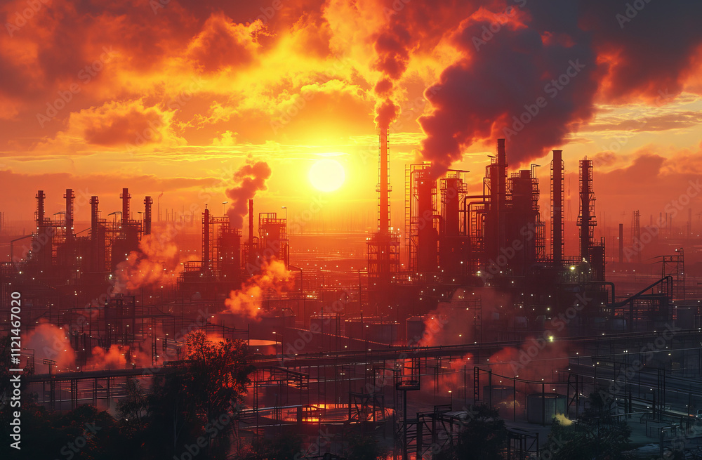 Sunset over industrial landscape with smokestacks. A vibrant sunset illuminates an industrial area with smokestacks and silhouettes of structures against the sky. Sunset over industrial landscape with smokestacks. A vibrant sunset illuminates an industrial area with smokestacks and silhouettes of structures against the sky.